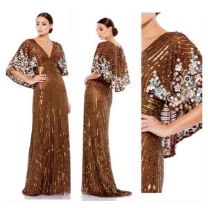 Mac Duggal 5221 SEQUINED V NECK FLORAL EMBELLISHED CAPE SLEEVE GOWN